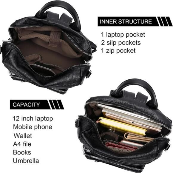 Genuine Leather Backpack Purse for Women Large Shoulder Bag With Laptop Pockets